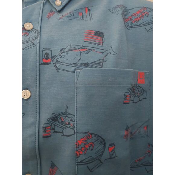 HUK Men's Fishing Shirt 2XL Short Sleeve Button Down Americookin Kona Blue - Picture 9 of 13
